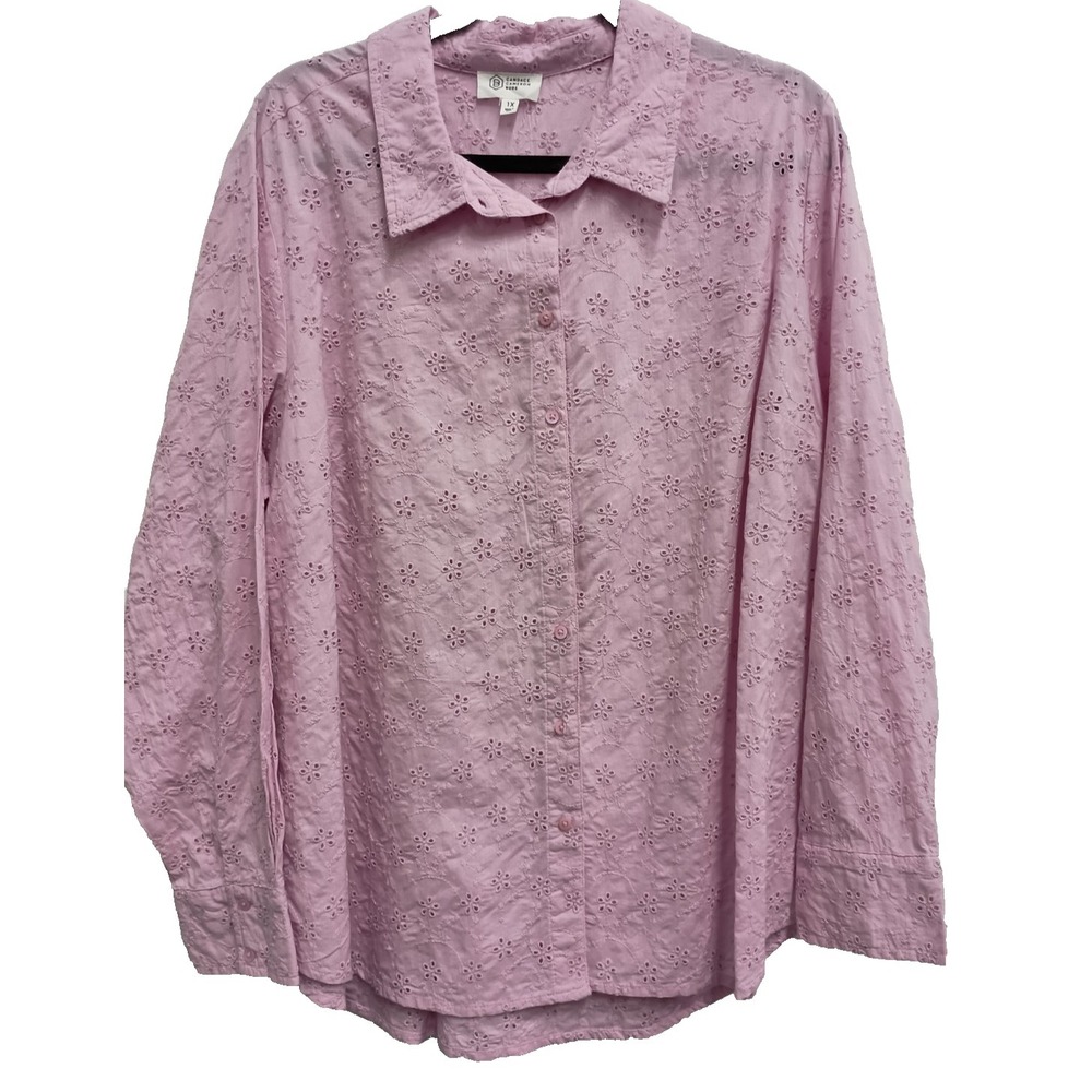 Candace Cameron Bure Womens Shirt 1X Pink‎ Eyelet Floral Embroidered Cottagecore